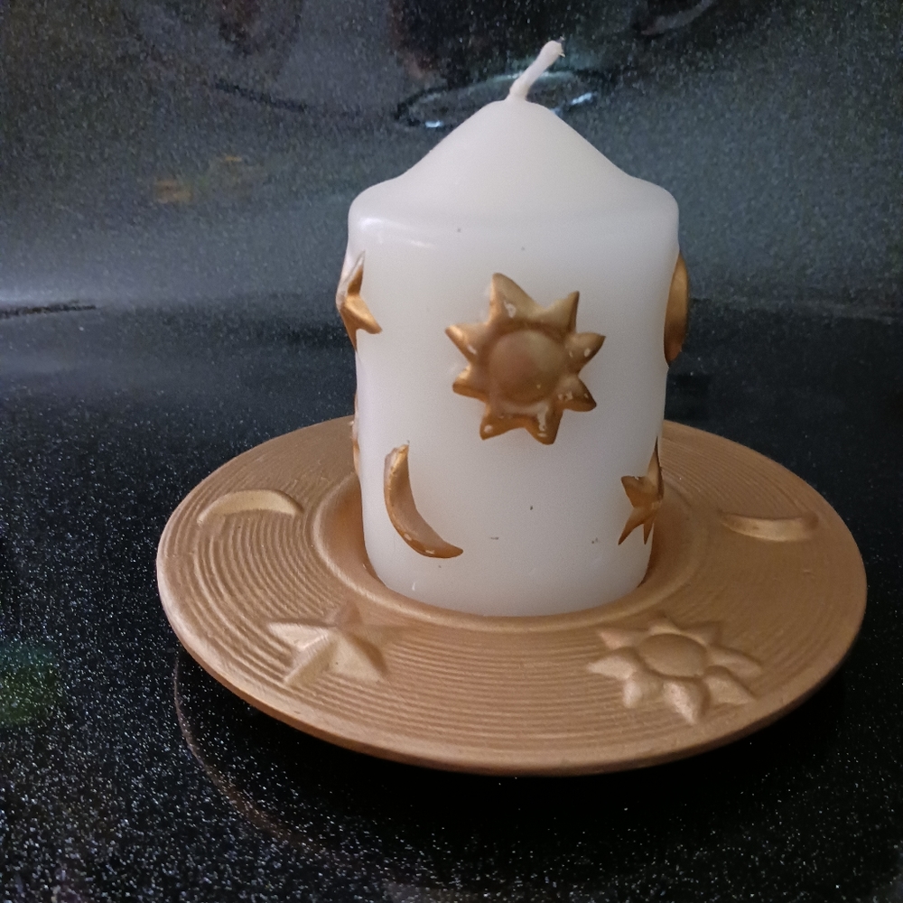 Vintage Gold Sun, Moon and Stars  on White Candle with Gold Candle Holde… - Picture 2 of 6